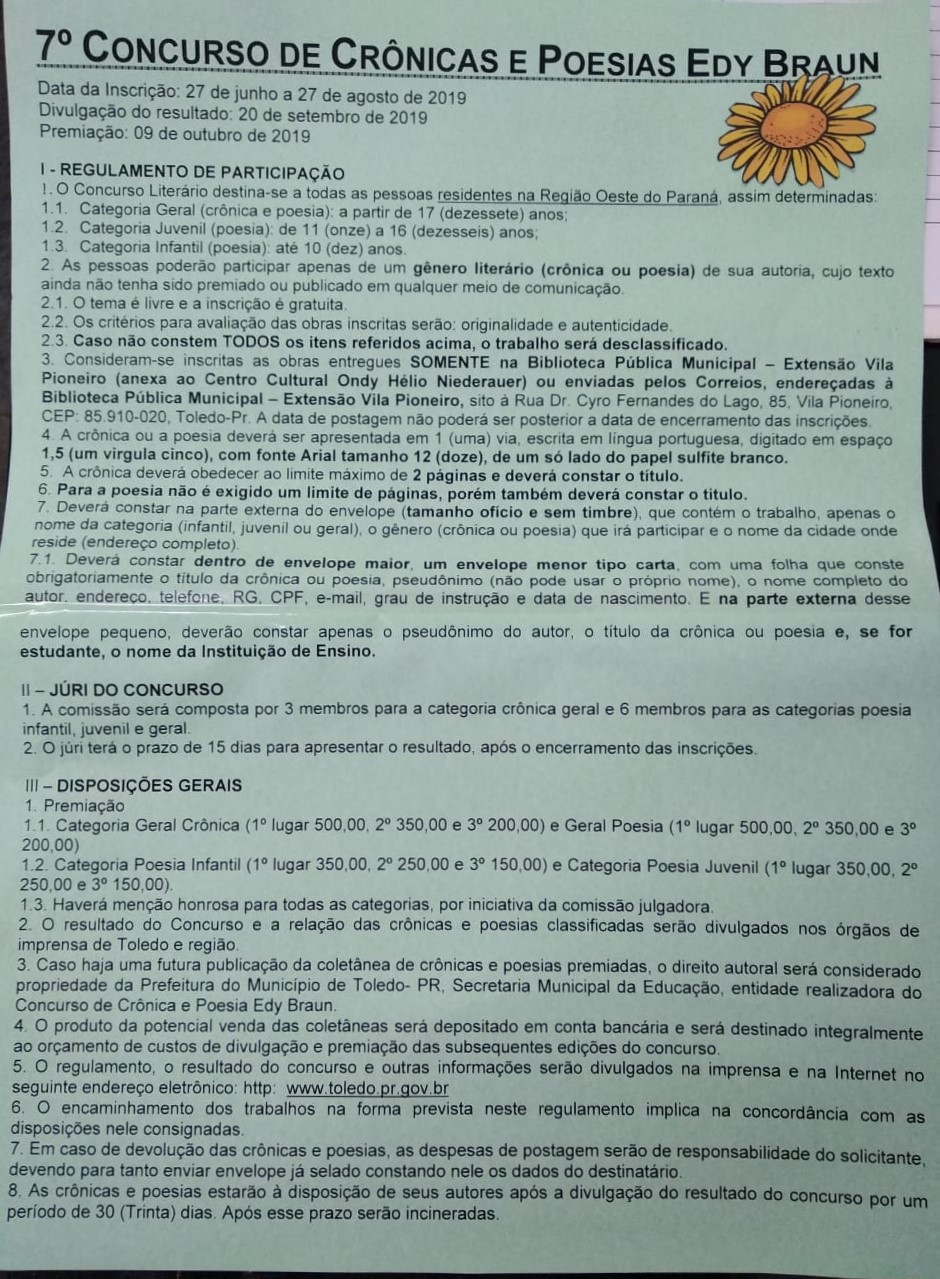 INSCRIÇÕES ABERTAS PARA O 7º CONCURSO EDY BRAUN